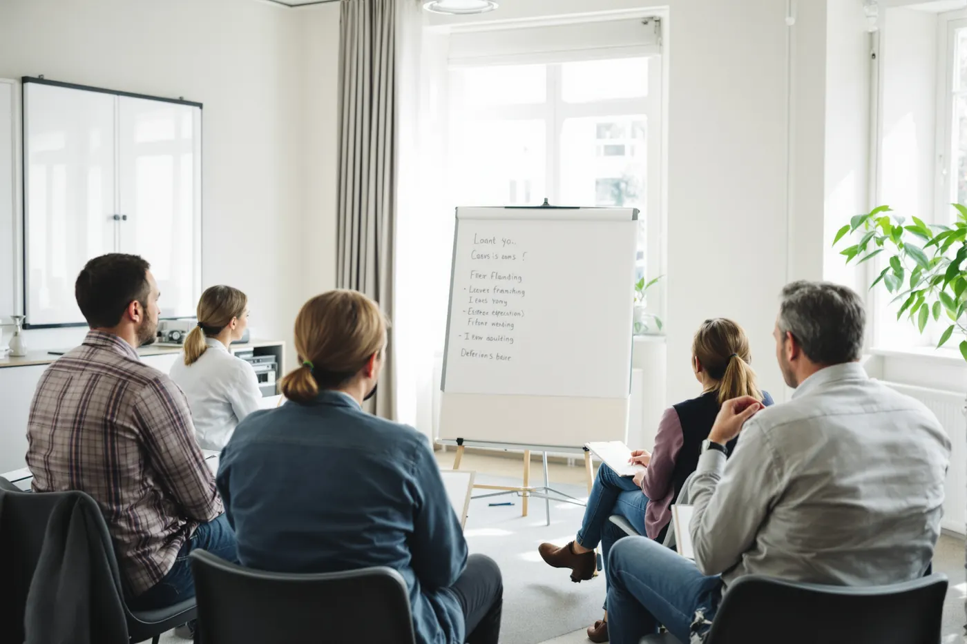 Eine Seminargruppe sitzt im Halbkreis vor einem Flipchart in einem hellen Raum mit hohen Fenstern