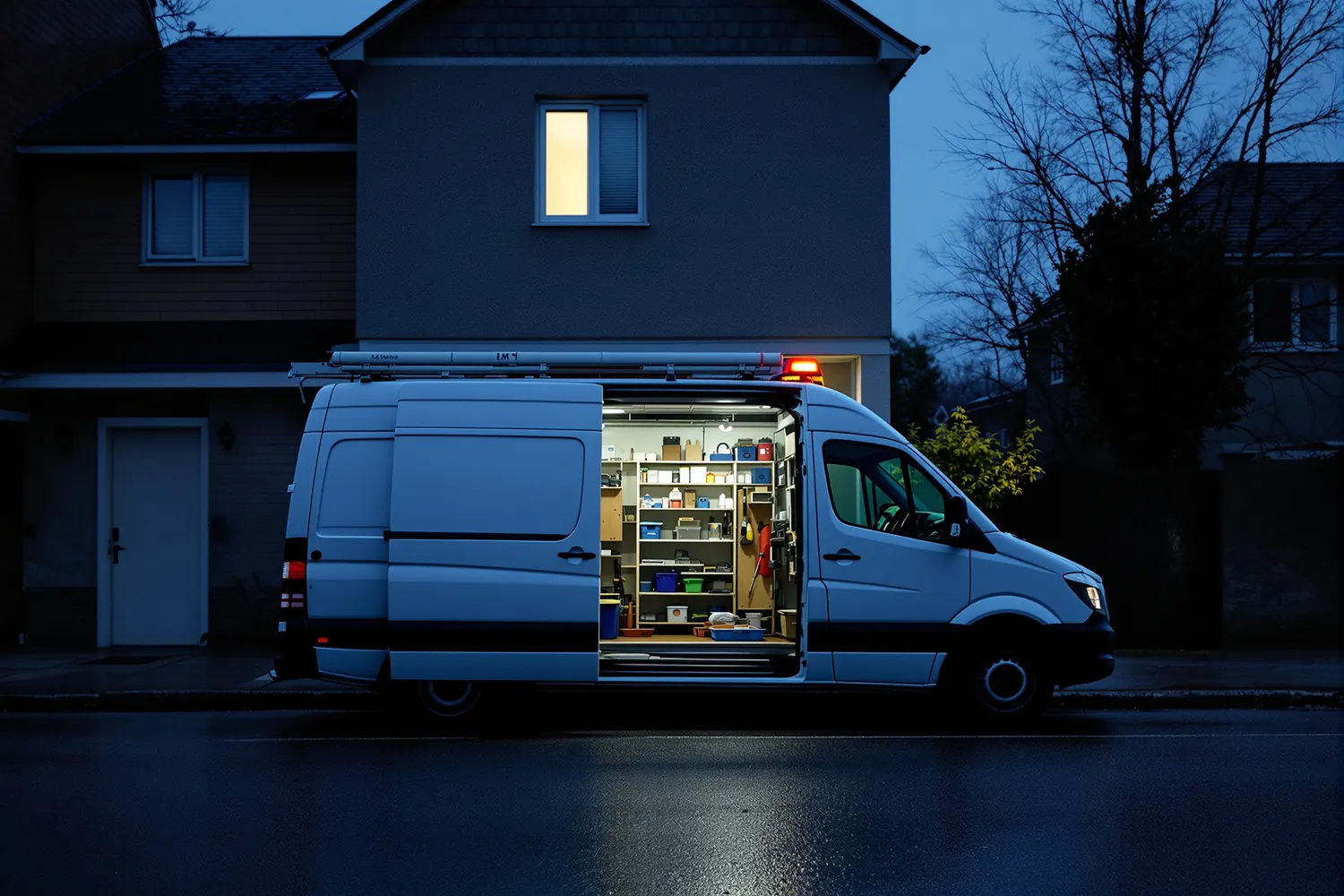 Weißer Transporter mit offener Seitentür und beleuchteten Materialregalen am Abend vor einem Wohnhaus