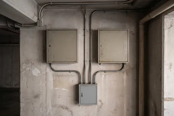 Zwei Verteilerkästen an einer Betonwand in einer Tiefgarage mit sichtbaren Leerrohren