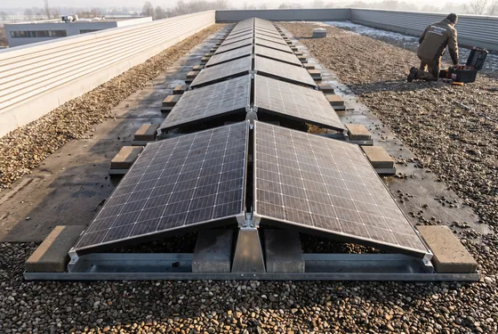 Reihen dunkler Solarmodule auf einem gewerblichen Flachdach mit Ballastwannen