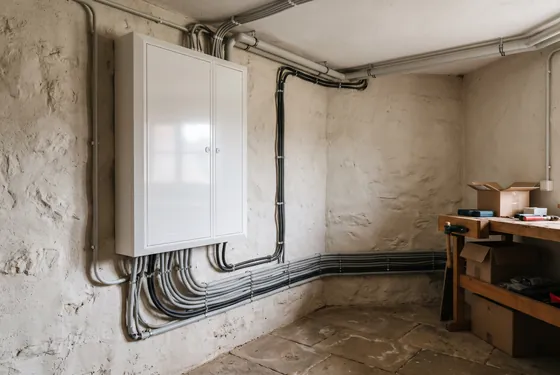 Neuer weißer Verteilerschrank an einer verputzten Wand in einem sanierten fränkischen Bauernhaus