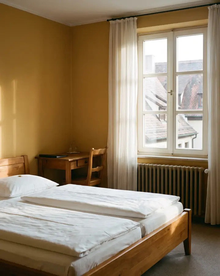 Einfaches helles Gästezimmer mit Holzbett und Blick über die Dächer der Altstadt