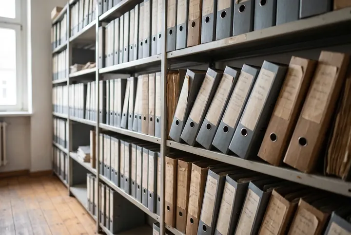 Regalwände mit aufrecht stehenden Aktenordnern und beschrifteten Rücken in einem Kanzleiarchiv
