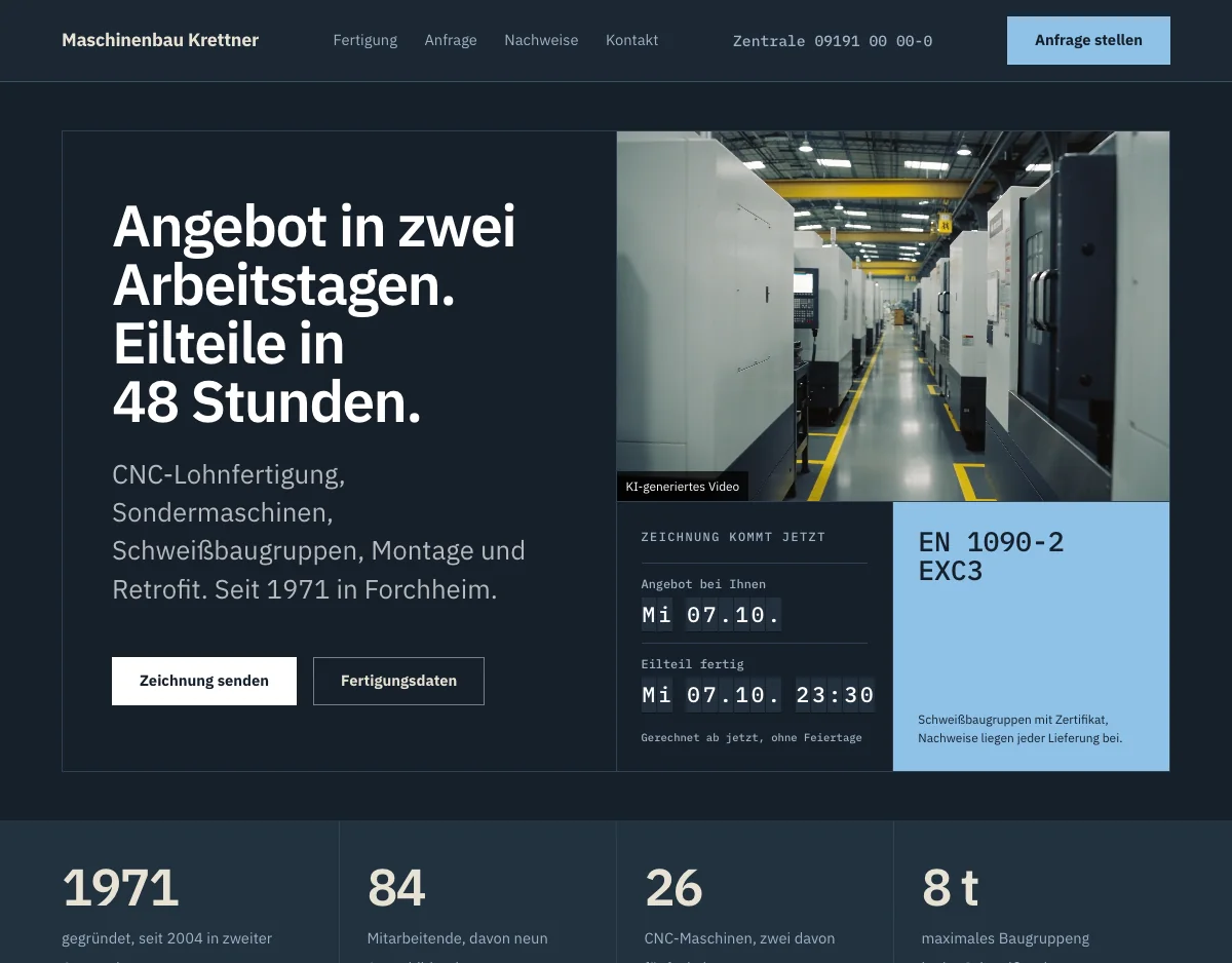 Startseite der Musterseite Maschinenbau Krettner
