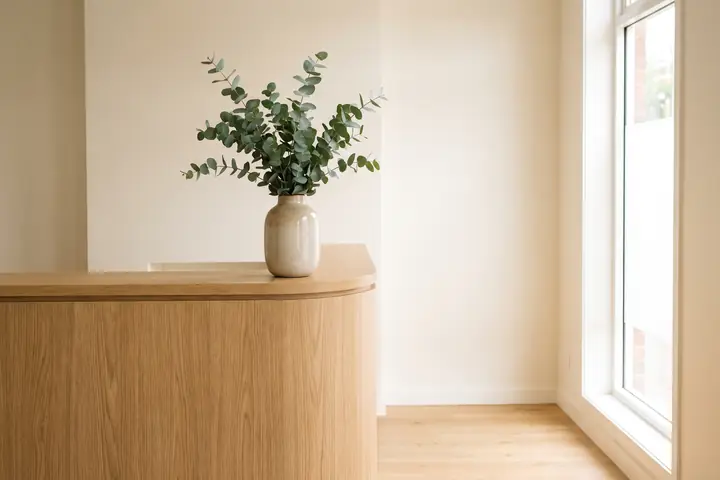 Empfangstresen aus hellem Holz mit einer Vase grüner Zweige